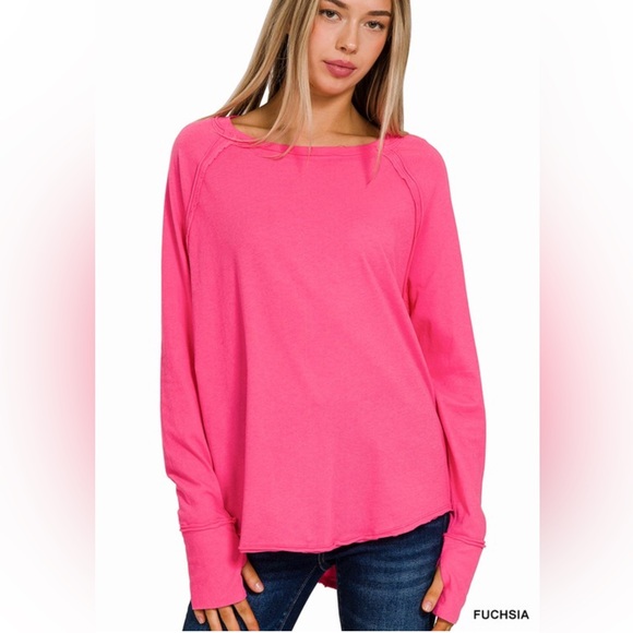 Zenana Outfitters Tops - NWT Zenana Hot Fuchsia Cotton Raglan Long Sleeve Thumbhole Oversized Top